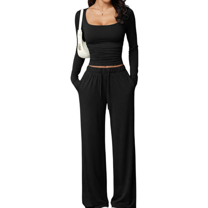 ⏰🔥 ¡50% OFF POR TIEMPO LIMITADO! 👗✨ Conjunto Casual de 2 Piezas para Mujer – Top de Cuello Cuadrado y Pantalón Holgado, Comodidad Elegante para Otoño