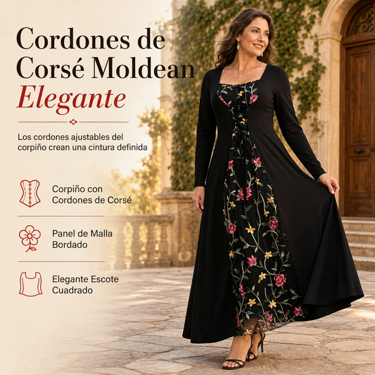 🍂 RENUEVA CLOSET🍂 Vestido largo negro tipo corsé – manga larga, cuello cuadrado, cordones y malla bordada de flores