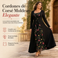 Vestido largo tipo corsé negro de manga larga con cuello cuadrado, cordones y panel de malla bordado de flores