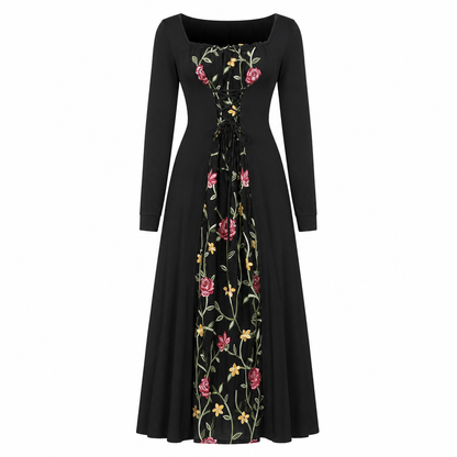 Vestido largo tipo corsé negro de manga larga con cuello cuadrado, cordones y panel de malla bordado de flores