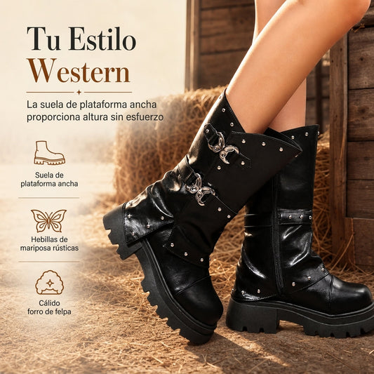 🚚 50% OFF + ENVÍO GRATIS 🚚 Botines de mujer – tacón medio con plataforma, punta redonda, vuelta doblada y correa con hebilla