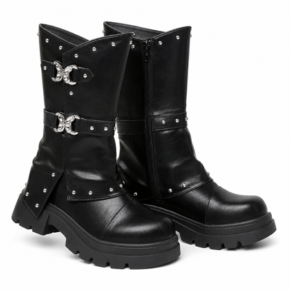 🚚 50% OFF + ENVÍO GRATIS 🚚 Botines de mujer – tacón medio con plataforma, punta redonda, vuelta doblada y correa con hebilla