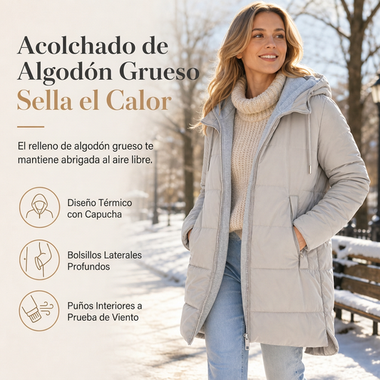 🔥 50% DTO + ENVÍO GRATIS 🧥 Abrigo acolchado largo con capucha – entallado, con bolsillos y color sólido para invierno