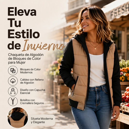 🔥 50% OFF + Envío Gratis 🔥 Chaqueta Acolchada de Mujer con Capucha y Bloques de Color