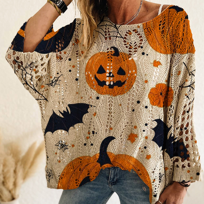 Top de punto de ganchillo con calabaza de Halloween para mujer