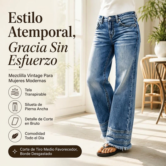 📢📢50% OFF + ENVÍO GRATIS🎉✨Jeans de pierna ancha vintage para mujer con bajo desflecado