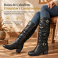 Botas vaqueras altas para mujer – estilo vintage, tacón grueso, caña holgada, cremallera lateral, hebilla y punta redonda