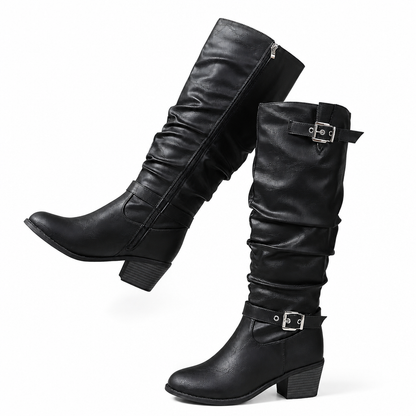 Botas vaqueras altas para mujer – estilo vintage, tacón grueso, caña holgada, cremallera lateral, hebilla y punta redonda