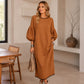 Vestido midi de punto texturado con manga farol para mujer