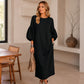 Vestido midi de punto texturado con manga farol para mujer