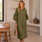 Vestido midi de punto texturado con manga farol para mujer