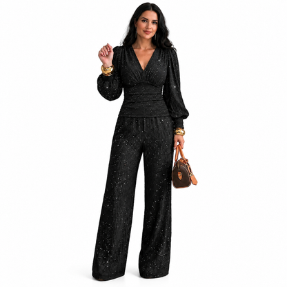 🔥 50% OFF + Envío Gratis🔥 Conjunto de 2 piezas para mujer – top plisado con cuello V profundo y mangas farol + pantalón ancho con bolsillos, ideal para otoño e invierno