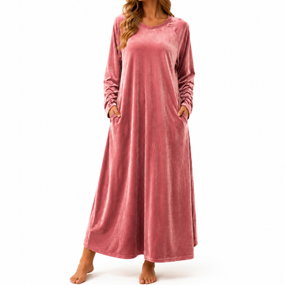 Vestido casual de terciopelo con cuello redondo y bolsillos para mujer
