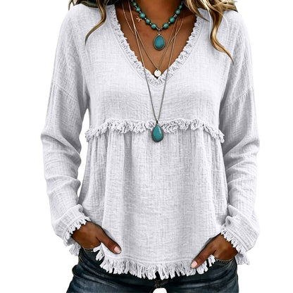 Top de manga larga con cuello en V casual para mujer
