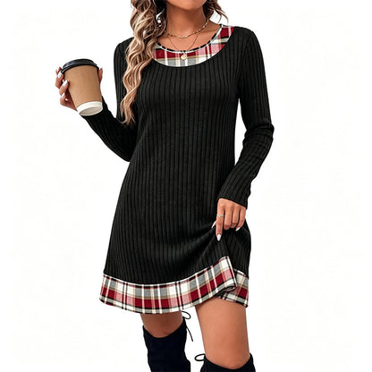 Vestido de punto casual de cuadros con retazos para mujer