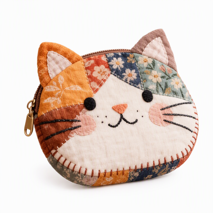 🐱✨ Monedero mini de gato con retazos y portatarjetas – bolsita creativa y portátil para niña 👛🎀