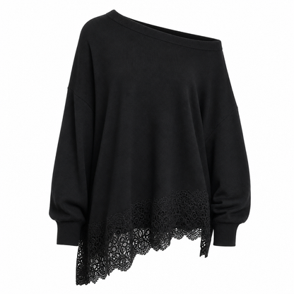 Vestido de punto oversize de hombros al descubierto para mujer, con bajo asimétrico de encaje floral