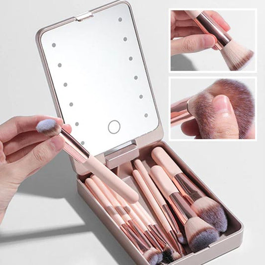 Travel Makeup Brush Set with LED Light Mirror